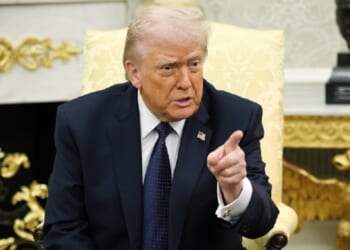 President Donald Trump points while addressing a question in a news conference Tuesday in the Oval Office.