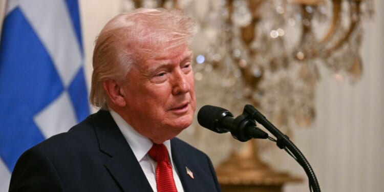 President Donald Trump speaks during a Greek Independence Day celebration in the East Room of the White House in Washington, D.C., on March 26, 2026.