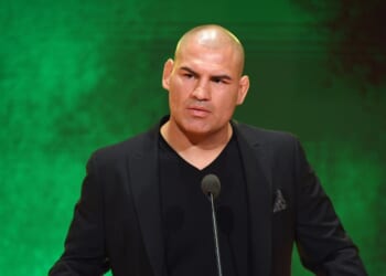 Former UFC heavyweight champion Cain Velasquez speaks at a WWE news conference at T-Mobile Arena on Oct. 11, 2019, in Las Vegas, Nevada.