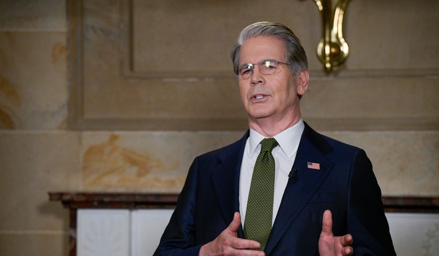 Secretary of the Treasury Scott Bessent speaks during an interview following President Donald Trump's State of the Union address to a joint session of Congress in the House chamber at the U.S. Capitol in Washington, Tuesday, Feb. 24, 2026. (AP Photo/Rod Lamkey Jr.) ** FILE **