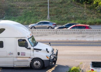 A semi-truck traverses Interstate 35 on Nov. 17, 2025, in Austin, Texas.