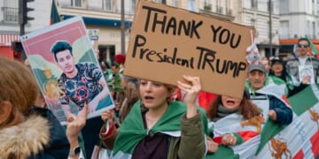 Protesters supporting opposition leader Reza Pahlavi celebrate the death of Ayatollah Khamenei, Supreme Leader of the Islamic Republic of Iran, in Paris Sunday. Around the globe, Iranians turned out to show support for the joint U.S.-Israeli action against Iran, but at least some U.S. media evidently wanted to downplay anything that showed approval of President Donald Trump,