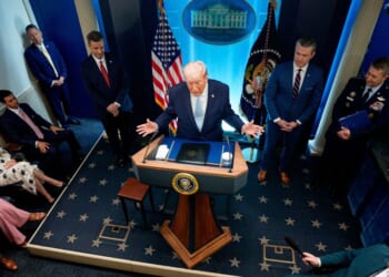 President Donald Trump speaks and gestures in the James S. Brady Press Briefing Room of the White House on April 6, 2026 in Washington, DC.