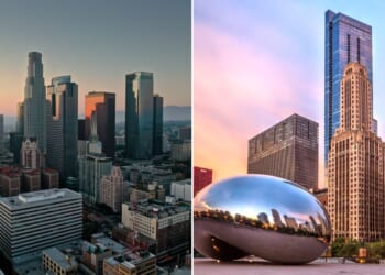 Views of downtown Los Angeles and downtown Chicago.