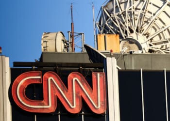 The CNN logo stands on a building in Los Angeles, California on November 13, 2023.