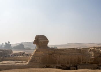 A wide shot of the Great Sphinx at the Giza Pyramids necropolis in Giza, Egypt on Nov. 7, 2025.