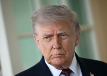 President Donald Trump speaks to the press outside the Oval Office at the White House in Washington, D.C., on April 13, 2026.