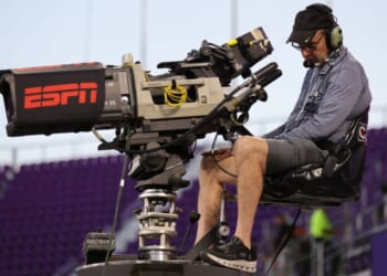 An ESPN-branded camera is operated before a game Saturday between the Orlando Storm and the Louisville Kings at Inter&Co Stadium in Orlando, Florida.