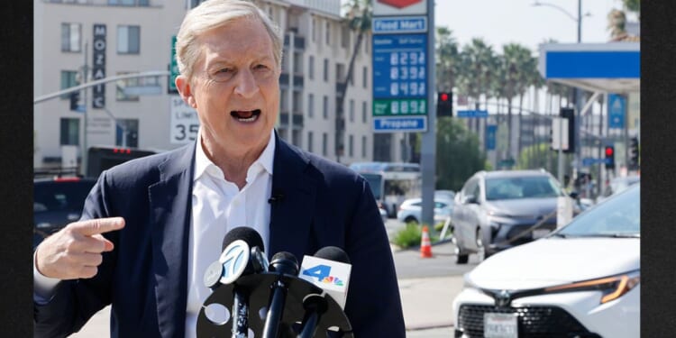Democratic gubernatorial candidate Tom Steyer speaks at a news conference April 9 outside a Los Angeles gas station showing gas prices above $8 per gallon amid the war in Iran.