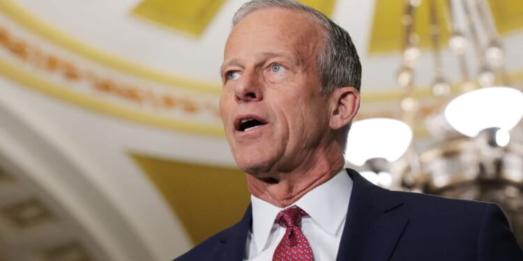 Senate Majority Leader John Thune, a South Dakota Republican, speaks during an April 14 news conference following a weekly Republican policy luncheon at the U.S. Capitol in Washington, D.C.