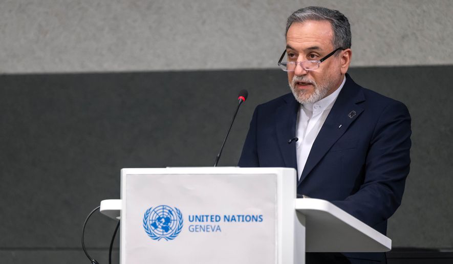 Iranian Foreign Minister Abbas Araghchi, speaks during the Conference on Disarmament, at the European headquarters of the United Nations in Geneva, Switzerland, Tuesday, Feb. 17, 2026. (Martial Trezzini/Keystone via AP) ** FILE **