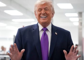 President Trump smiles and laughs facing the press in Reading, Ohio on March 11, 2026.