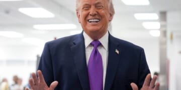 President Trump smiles and laughs facing the press in Reading, Ohio on March 11, 2026.