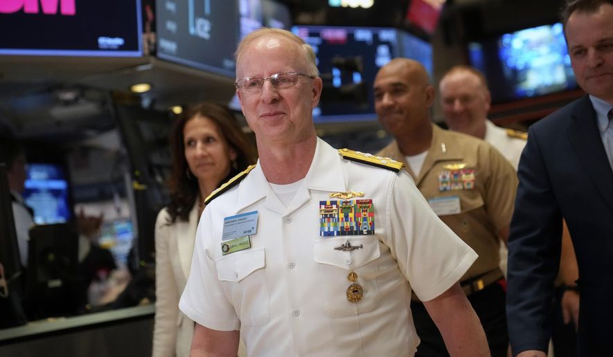 Adm. Daryl Caudle, commander of the United States Forces Command, arrives to ring the closing bell at the New York Stock Exchange, May 26, 2023, in New York. (AP Photo/John Minchillo, File)