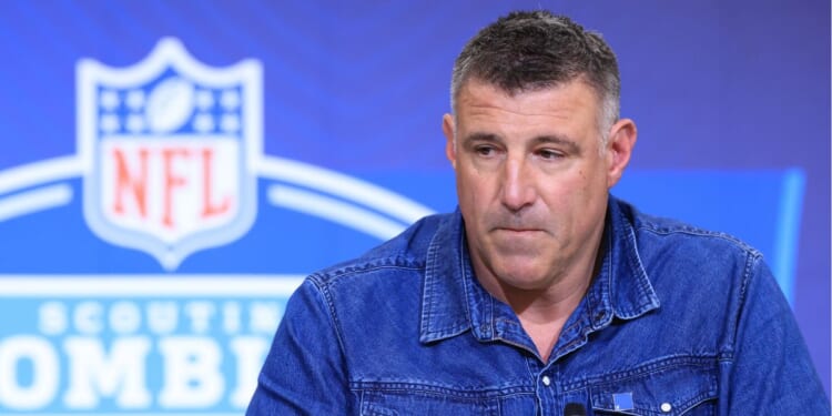 Head coach Mike Vrabel of the New England Patriots speaks to the media Feb. 26 during the 2026 NFL Scouting Combine in Indianapolis, Indiana.