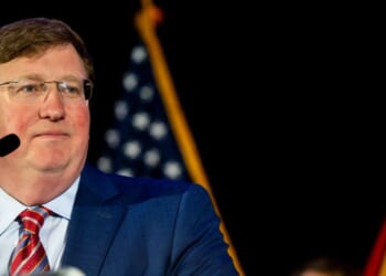 Mississippi Republican Gov. Tate Reeves speaks to supporters during an election night watch party at The Refuge Hotel & Conference Center on Nov. 7, 2023, in Flowood, Mississippi.