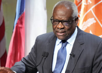 AUSTIN, TEXAS - APRIL 15: U.S. Supreme Court Justice Clarence Thomas speaks during a special lecture celebrating the 250th anniversary of the signing of the Declaration of Independence at Hogg Memorial Auditorium at the University of Texas on Wednesday, April 15, 2026. (Jay Janner/The Austin American-Statesman via Getty Images)