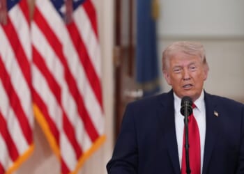 President Donald Trump speaks from the Cross Hall of the White House on April 1, 2026, in Washington, D.C.