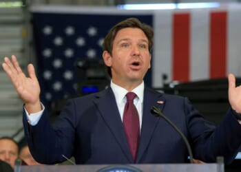 Florida Gov. Ron DeSantis speaks during a press conference held at the ICE-Enforcement and Removal Operation office on May 1, 2025, in Miramar, Florida.