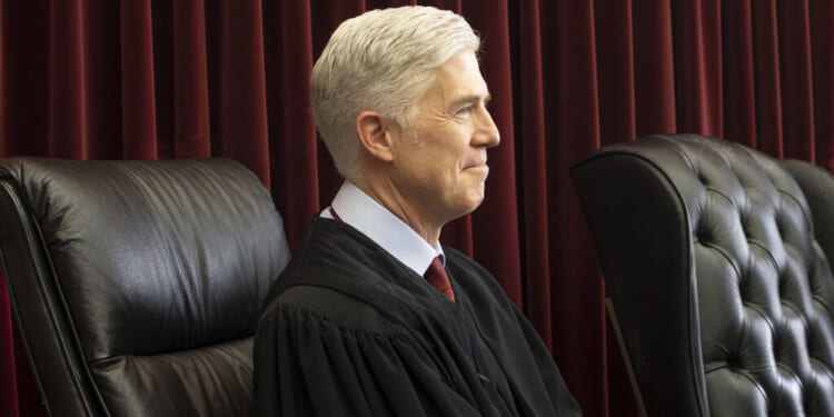 Supreme Court Justice Neil Gorsuch attends a formal investiture ceremony for a local judge at the Washington county courthouse on March 11, 2022 in Hagerstown, Maryland. (Andrew Lichtenstein/Corbis via Getty Images)
