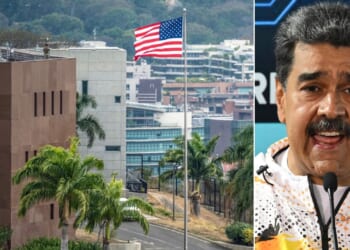 The U.S. flag flutters at the U.S. embassy in Caracas on March 14, 10 days after the restoration of diplomatic relations following the capture of ousted leader Nicolás Maduro in a U.S. military raid.