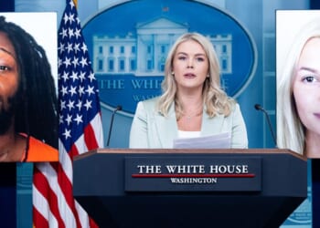 In a file photo from September, White House Press Secretary Karoline Leavitt speaks alongside a photo of Ukrainian refugee Iryna Zarutska, right, who was allegedly killed by Decarlos Brown Jr., left, on a light rail train in Charlotte, North Carolina.