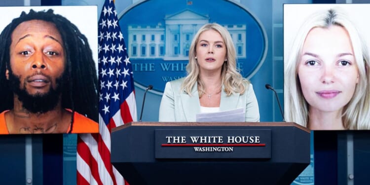 In a file photo from September, White House Press Secretary Karoline Leavitt speaks alongside a photo of Ukrainian refugee Iryna Zarutska, right, who was allegedly killed by Decarlos Brown Jr., left, on a light rail train in Charlotte, North Carolina.