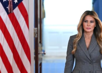 First Lady Melania Trump arrives in the White House Cross Hall in Washington, D.C., on April 9, 2026, ahead of a statement denying any links to the late convicted sex offender Jeffrey Epstein and his abuse.