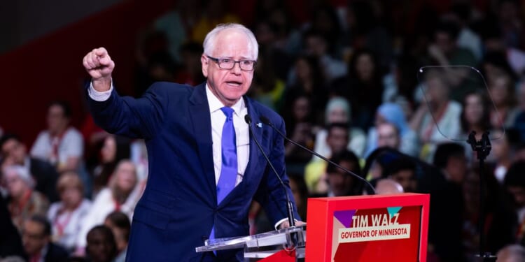 Minnesota Gov. Tim Walz speaks during the Global Progressive Mobilisation at Fira Barcelona on April 18, 2026, in Barcelona, Spain.