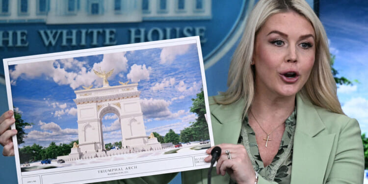 Karoline Leavitt speaks to reporters.