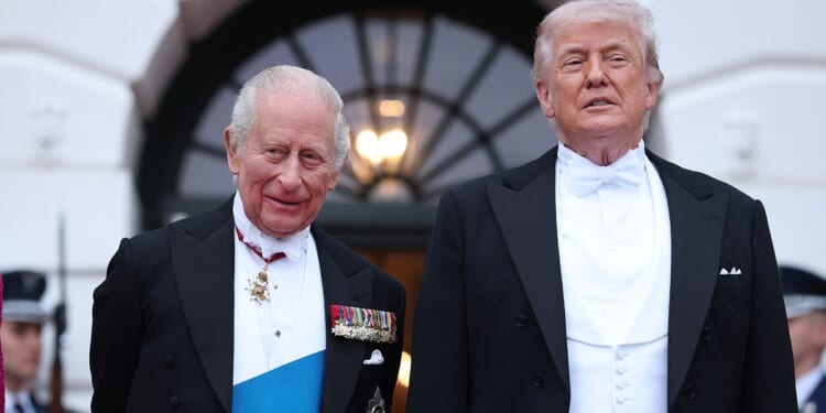 President Donald Trump welcomes King Charles III to the White House for a state dinner on April 28, 2026, in Washington, D.C.