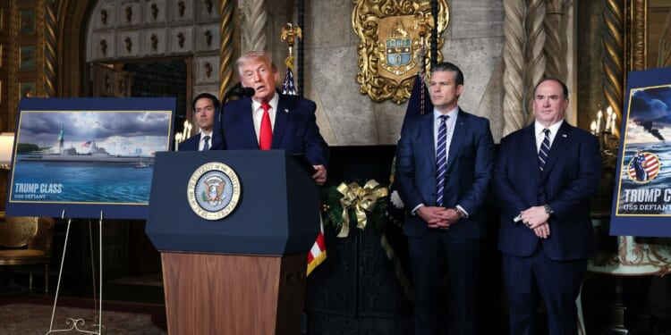 President Donald Trump, joined by Secretary of State Marco Rubio, Secretary of War Pete Hegseth, and Secretary of the Navy John Phelan, announced the creation of the “Trump-class” battleship during a statement to the media at Trump’s Mar-a-Lago estate on Dec. 22, 2025, in Palm Beach, Florida.