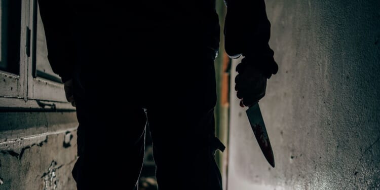 A murderer holds a bloodstained knife.