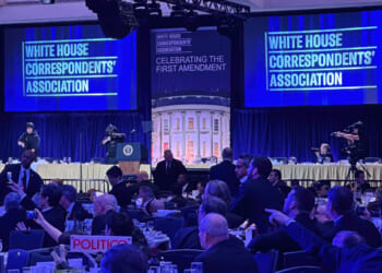 Members of the U.S. Secret Service counter assault team cover the stage of the White House Correspondents' dinner after a shooting took place in Washington, DC on April 25, 2026.