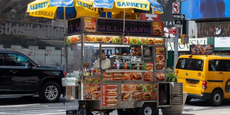 A Sabrett food cart that sells hot dogs is seen in Times Square, Midtown Manhattan, New York City, on July 5, 2022.