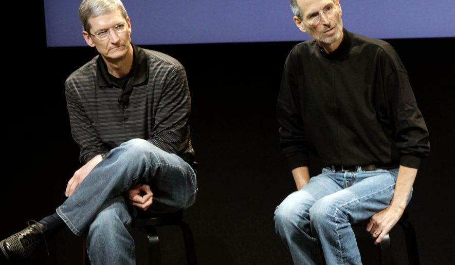 FILE - This July 16, 2010 photo shows Apple's Tim Cook, left, and Steve Jobs, right, during a meeting at Apple in Cupertino, Calif. (AP Photo/Paul Sakuma, File)