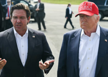 Gov. Ron DeSantis and President Donald Trump speak to reporters.