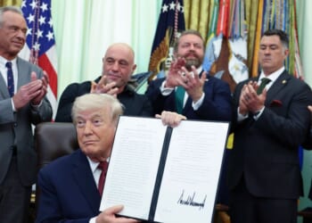 President Donald Trump shows his signature in the Oval Office after signing an executive order April 18 directing the Food and Drug Administration to issue new guidance on the use of psychedelic drugs intended for clinical trials for U.S. veterans suffering from Post Traumatic Stress Disorder.