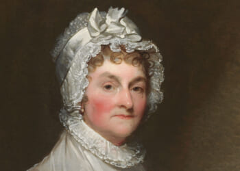 Cropped portrait of Abigail Adams in white bonnet.