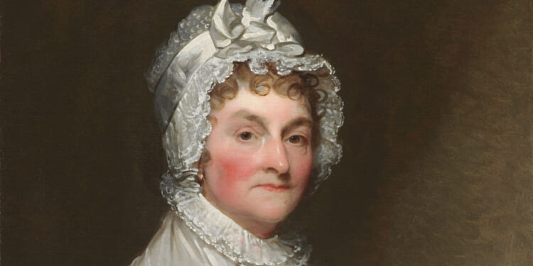 Cropped portrait of Abigail Adams in white bonnet.