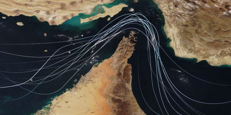 A satellite view of the Strait of Hormuz.