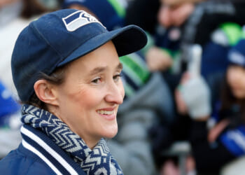 SEATTLE, WASHINGTON - FEBRUARY 11: Seattle Mayor Katie B. Wilson celebrates with fans during the Seattle Seahawks Super Bowl LX victory celebration and parade at Lumen Field on February 11, 2026 in Seattle, Washington. (Photo by Alika Jenner/Getty Images)