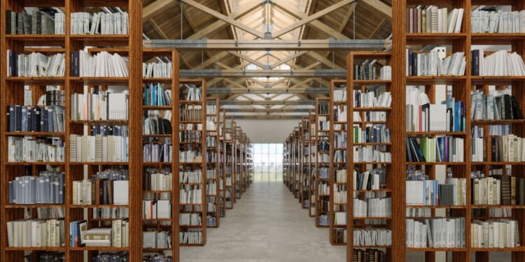 A library interior with books on wooden bookshelves.