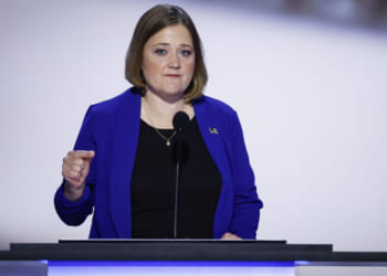 MILWAUKEE, WISCONSIN - JULY 16: Iowa Attorney General Brenna Bird speaks on stage on the second day of the Republican National Convention at the Fiserv Forum on July 16, 2024 in Milwaukee, Wisconsin. Delegates, politicians, and the Republican faithful are in Milwaukee for the annual convention, concluding with former President Donald Trump accepting his party's presidential nomination. The RNC takes place from July 15-18. (Photo by Chip Somodevilla/Getty Images)