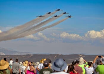 The U.S. Navy Blue Angels perform at the 2022 Miramar Airshow in San Diego, California.