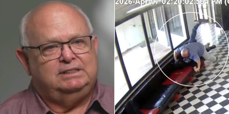 Pauls Valley High School Principal Kirk Moore is seen at left in an interview with CBS News and at right in a school surveillance video as he strugglies with a young man identified as Victor Hawkins, 20, a former student who allegedly carried a firearm onto the campus April 7 in Pauls Valley, Oklahoma.