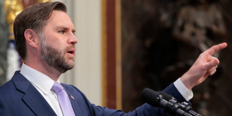 Vice President J.D. Vance speaks during a press conference on the Trump administration's anti-fraud initiatives at the Eisenhower Executive Office Building on May 13, 2026, in Washington, D.C.