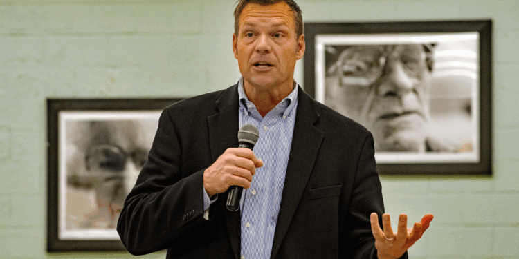 Republican gubernatorial candidate Kris Kobach meets with supporters at the Lyon County senior center and talks about the upcoming election, Emporia, Kansas, October 28, 2018. (Photo by Mark Reinstein/Corbis via Getty Images)