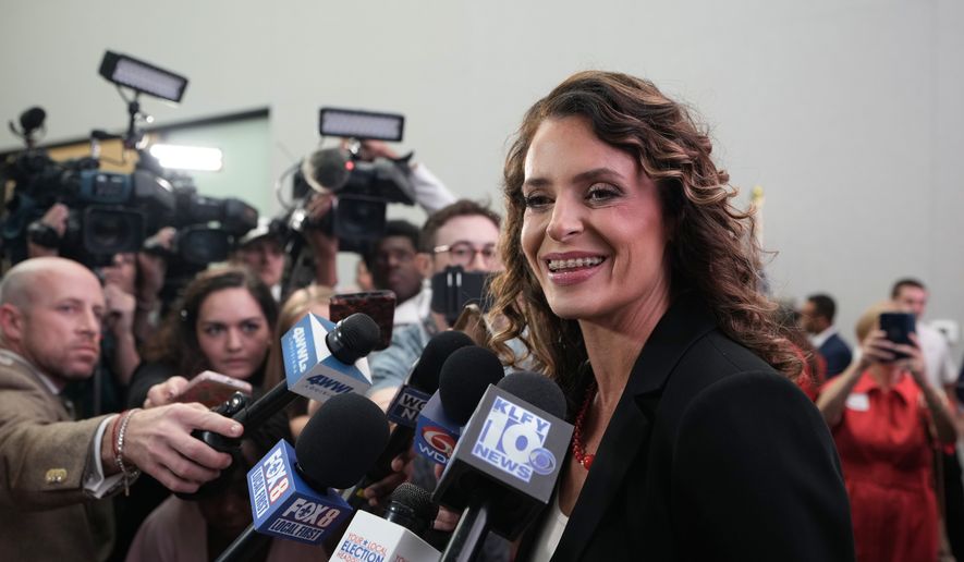 U.S. Senate candidate Rep. Julia Letlow, R-La., speaks to media during an election night watch party Saturday, May 16, 2026, in Baton Rouge, La. (AP Photo/Matthew Hinton)