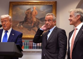 President Donald Trump, joined by Human Services Secretary Robert F. Kennedy Jr. and Administrator for the Centers for Medicare & Medicaid Services Mehmet Oz, speaks during a press conference in the Roosevelt Room of the White House on May 12, 2025, in Washington, D.C.